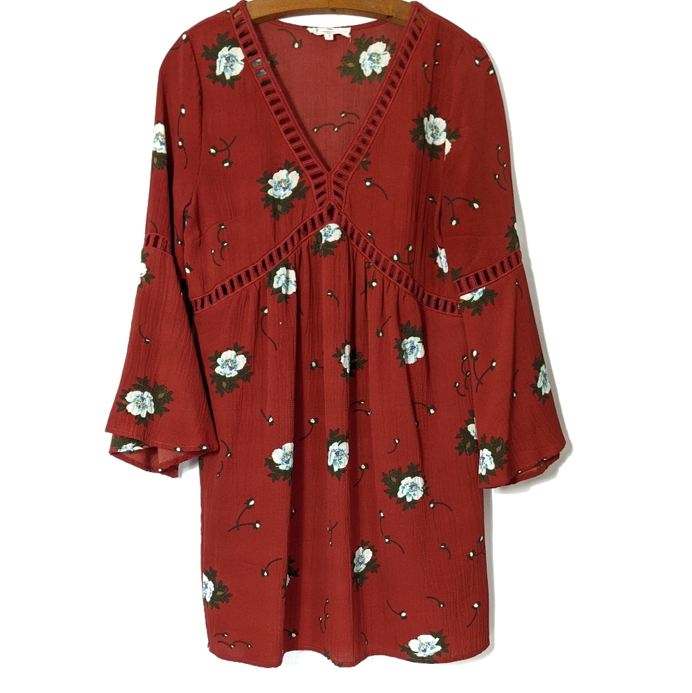 Entro Cutout Trim Dress Red Floral Boho Size S